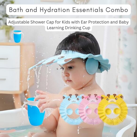 Shower Cap for Kids with Ear Protection & Baby Learning Drinking Cup Pack1 Combo - Picture 1 of 9